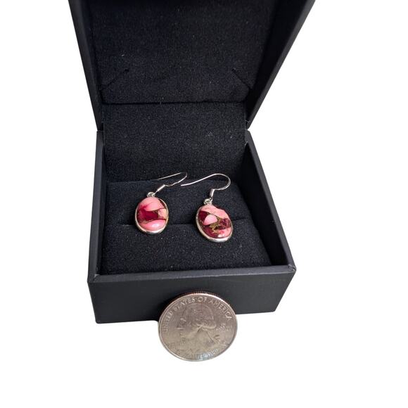 Rose Dahlia Stone Oval Dangle Earrings – 925 Sterling Silver - Picture 1 of 3